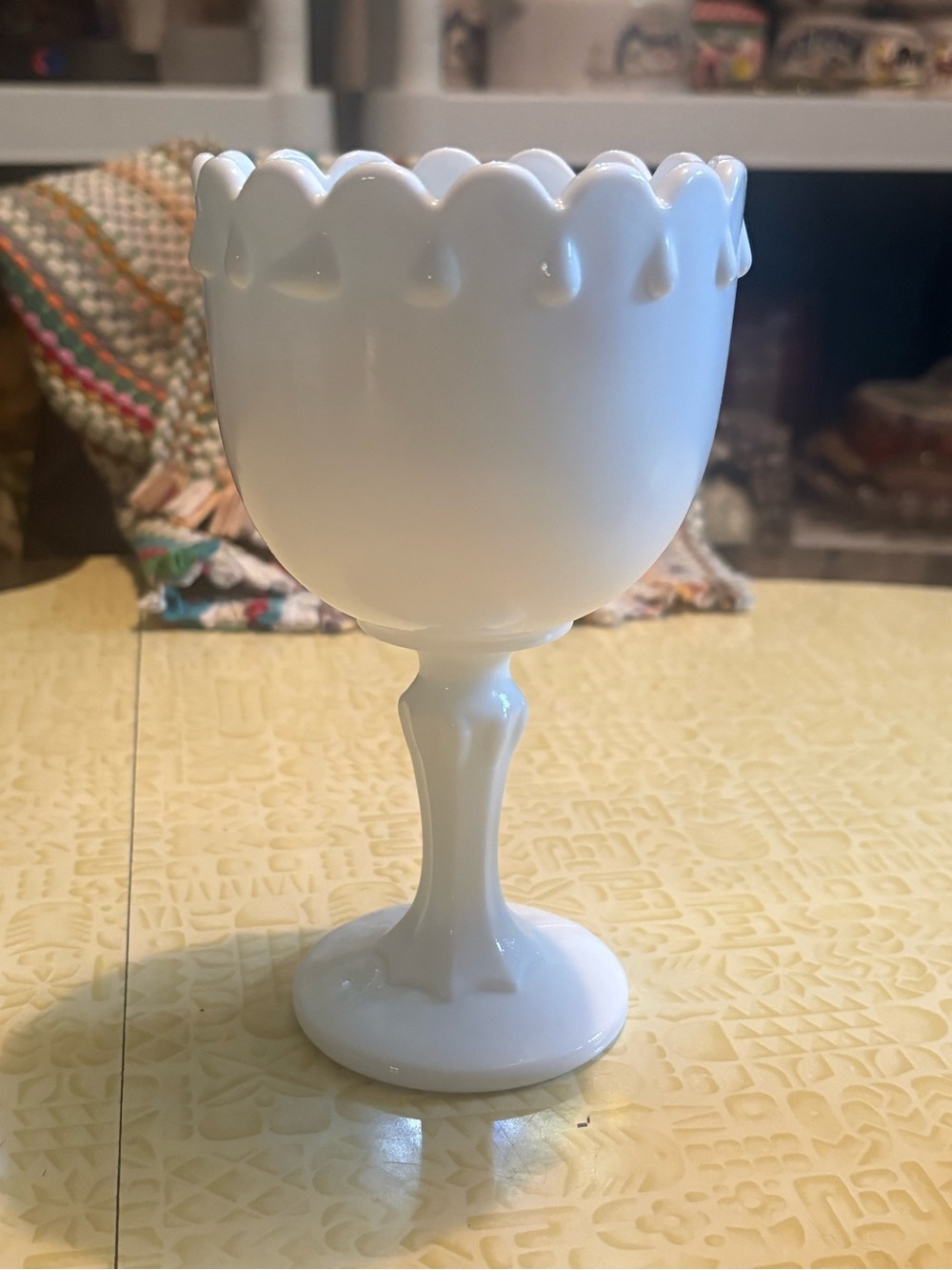 Vintage White Milk Glass Goblet with Scalloped Rim